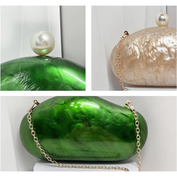 Acrylic Evening Clutch Purse for Women Dark Green Pearl Chain Chic Handbag - Picture 8 of 8